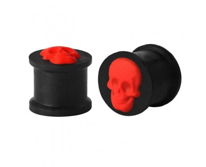 Auskarai tuneliai silikoniniai kamščiai Skull Black Red, 2vnt; 8mm, 10mm, 12mm, 14mm